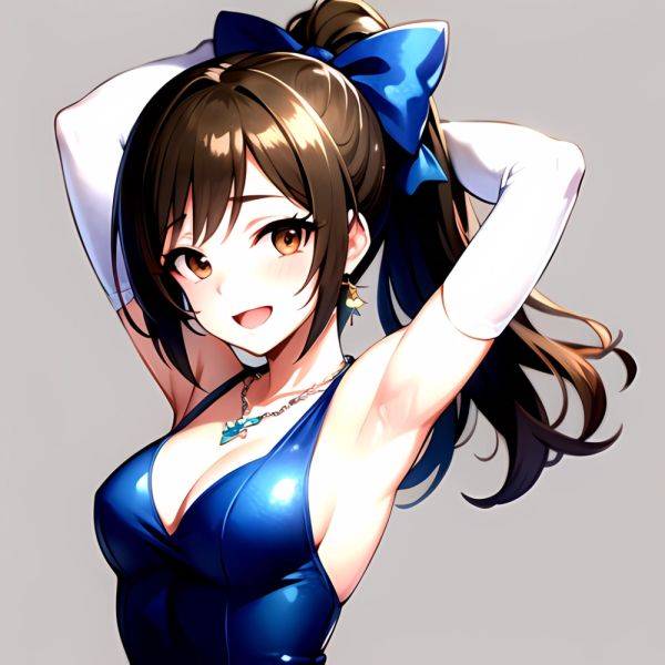 1girl Absurdres Armpits Arms Up Ayase Honoka Black Gloves Blue Bow Blue Dress Blush Bow Breasts Brown Eyes Brown Hair, 2252444374 - AIHentai - aihentai.co on pornintellect.com