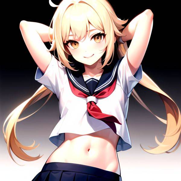 1girl Arms Up Arms Behind Head Blonde Hair Blue Skirt Bow Crop Top Crop Top Overhang Genshin Impact Gradient Background, 3041314391 - AIHentai - aihentai.co on pornintellect.com