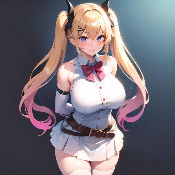 1girl Aymusk Belt White Skirt Blonde Hair Blue Eyes Blush Bow Bowtie Breasts Curvy Elbow Gloves Fang Gloves Gradient Background, 3450259227 - AIHentai - aihentai.co on pornintellect.com