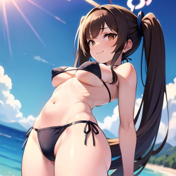 1girl Bikini Black Bikini Blue Archive Blue Sky Breasts Brown Eyes Brown Hair Closed Mouth Clothes Lift Cloud Covered Nipples, 2369283373 - AIHentai - aihentai.co on pornintellect.com