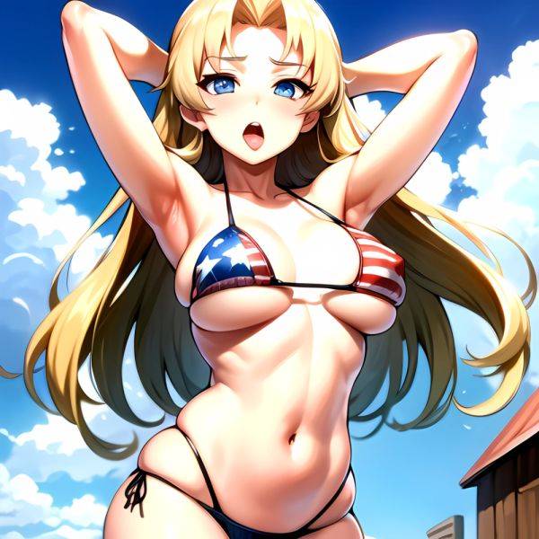 1girl American Flag Bikini Armpits Arms Behind Head Bikini Blonde Hair Blue Eyes Blush Breasts Covered Erect Nipples Flag Print, 3157933697 - AIHentai - aihentai.co - Usa on pornintellect.com
