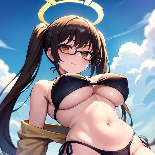 1girl Bikini Black Bikini Blue Archive Blue Sky Breasts Brown Eyes Brown Hair Closed Mouth Clothes Lift Cloud Covered Nipples, 1300573816 - AIHentai - aihentai.co on pornintellect.com