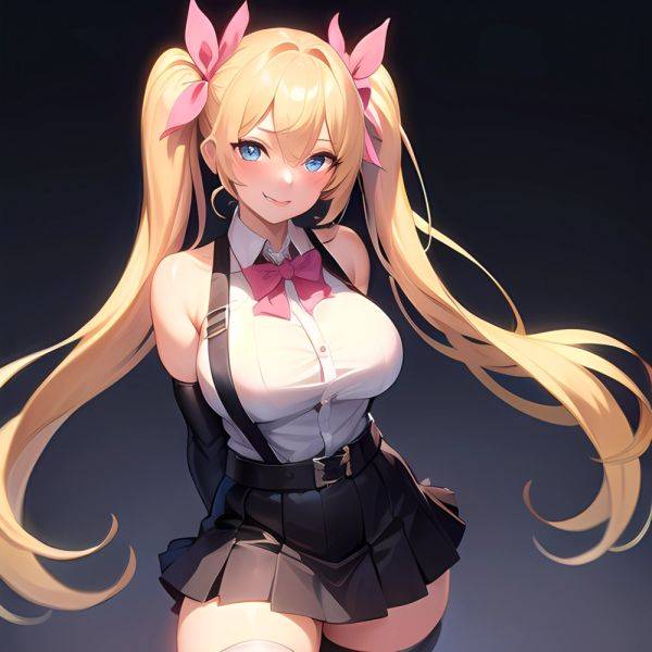 1girl Aymusk Belt Black Skirt Blonde Hair Blue Eyes Blush Bow Bowtie Breasts Curvy Elbow Gloves Fang Gloves Gradient Background, 1744097951 - AIHentai - aihentai.co on pornintellect.com
