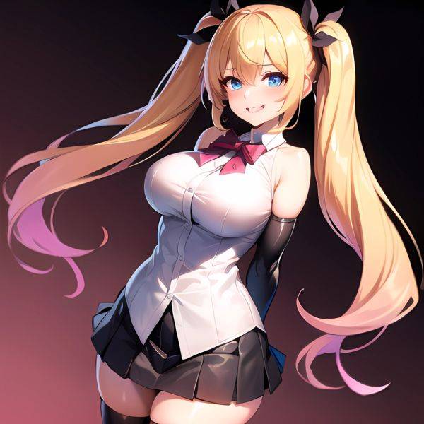 1girl Aymusk Belt Black Skirt Blonde Hair Blue Eyes Blush Bow Bowtie Breasts Curvy Elbow Gloves Fang Gloves Gradient Background, 208506920 - AIHentai - aihentai.co on pornintellect.com