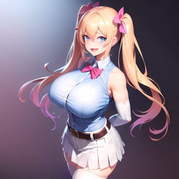 1girl Aymusk Belt White Skirt Blonde Hair Blue Eyes Blush Bow Bowtie Breasts Curvy Elbow Gloves Fang Gloves Gradient Background, 29791213 - AIHentai - aihentai.co on pornintellect.com