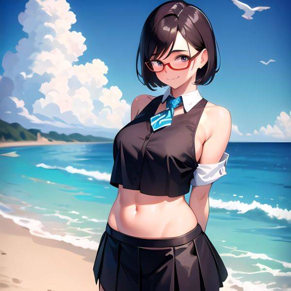 1girl Aircraft Bird Breasts Cloud Cloudy Sky Cowboy Shot Curtsey Dark Skinned Female Dark Skin Day Flashing Glasses Looking At, 850003633 - AIHentai - aihentai.co on pornintellect.com