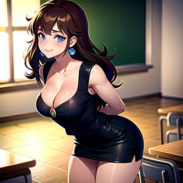 1girl Blue Eyes Blush Breasts Brown Hair Chalkboard Classroom Cleavage Crown Curvy Desk Earrings Hand On Own Hip Highres Jewelry, 2294026834 - AIHentai - aihentai.co on pornintellect.com