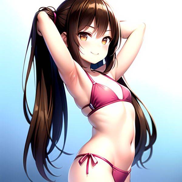 1girl Armpits Arms Behind Head Bikini Brown Eyes Brown Hair Cowboy Shot Dot Nose Flat Chest From Side Hair Ornament, 2975377339 - AIHentai - aihentai.co on pornintellect.com