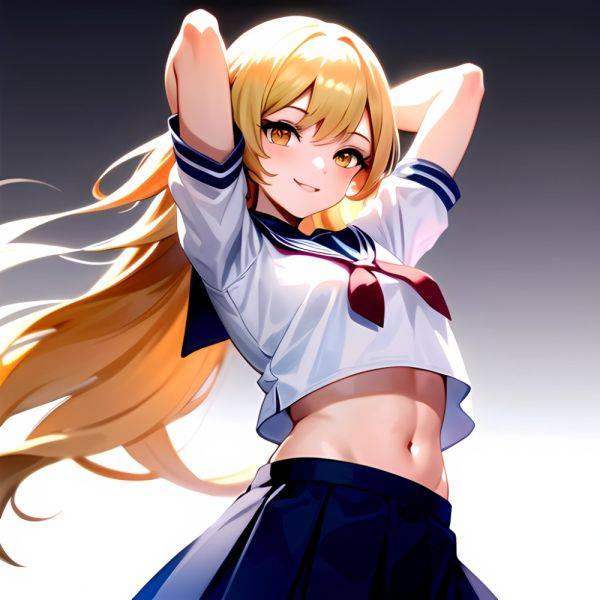 1girl Arms Up Arms Behind Head Blonde Hair Blue Skirt Bow Crop Top Crop Top Overhang Genshin Impact Gradient Background, 1238648769 - AIHentai - aihentai.co on pornintellect.com