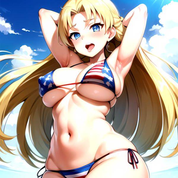 1girl American Flag Bikini Armpits Arms Behind Head Bikini Blonde Hair Blue Eyes Blush Breasts Covered Erect Nipples Flag Print, 2880809735 - AIHentai - aihentai.co - Usa on pornintellect.com