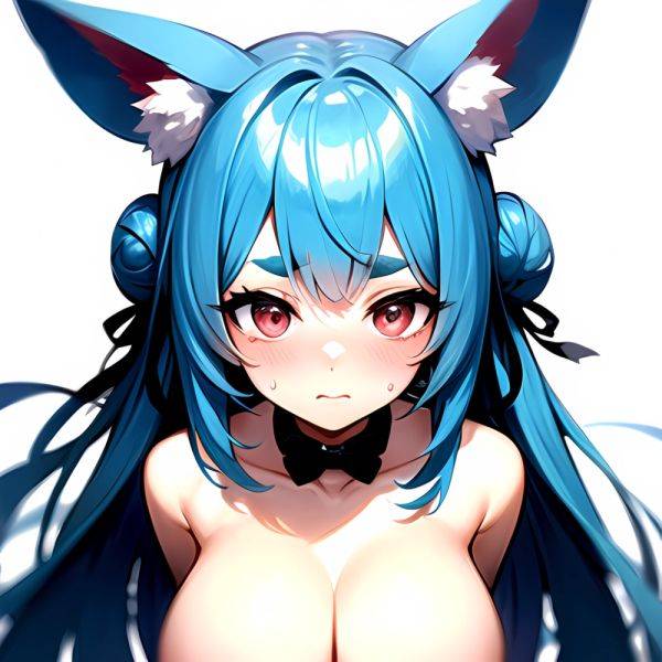 1girl Alternate Breast Size Animal Ear Fluff Animal Ears Blue Hair Blush Breasts Double Bun Embarrassed Hair Bun Haro Art, 2452811634 - AIHentai - aihentai.co on pornintellect.com