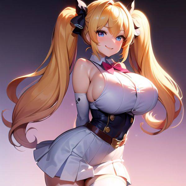 1girl Aymusk Belt White Skirt Blonde Hair Blue Eyes Blush Bow Bowtie Breasts Curvy Elbow Gloves Fang Gloves Gradient Background, 3068164456 - AIHentai - aihentai.co on pornintellect.com