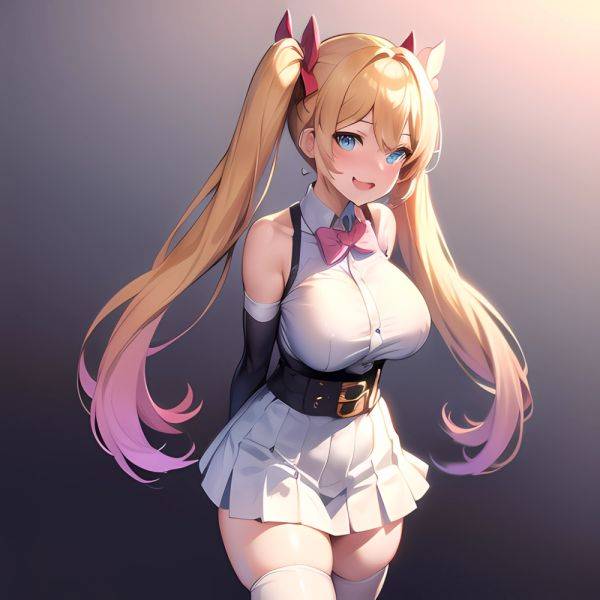 1girl Aymusk Belt White Skirt Blonde Hair Blue Eyes Blush Bow Bowtie Breasts Curvy Elbow Gloves Fang Gloves Gradient Background, 4043676873 - AIHentai - aihentai.co on pornintellect.com