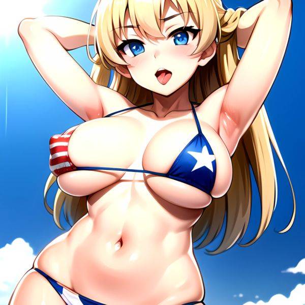 1girl American Flag Bikini Armpits Arms Behind Head Bikini Blonde Hair Blue Eyes Blush Breasts Covered Erect Nipples Flag Print, 3191114529 - AIHentai - aihentai.co - Usa on pornintellect.com