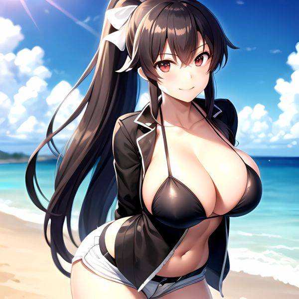 1girl Arms Behind Back Beach Bikini Bikini Under Shorts Black Bikini Black Hair Blurry Blurry Background Breasts Cleavage Closed, 977725555 - AIHentai - aihentai.co on pornintellect.com