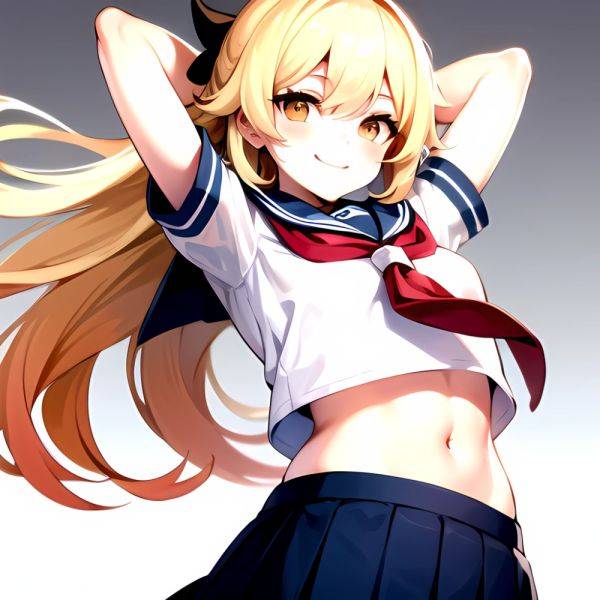 1girl Arms Up Arms Behind Head Blonde Hair Blue Skirt Bow Crop Top Crop Top Overhang Genshin Impact Gradient Background, 2095675055 - AIHentai - aihentai.co on pornintellect.com