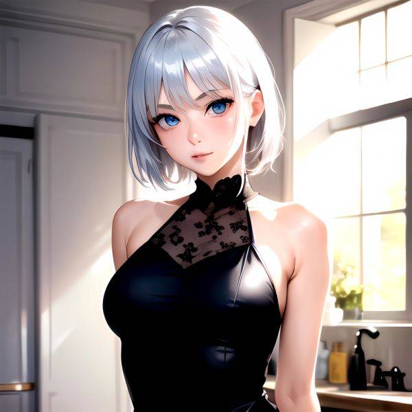 1girl Sexy Blue Eyes Silver Hair Arms Behind Back Facing The Camera Looking At The Camera, 2600165138 - AIHentai - aihentai.co on pornintellect.com