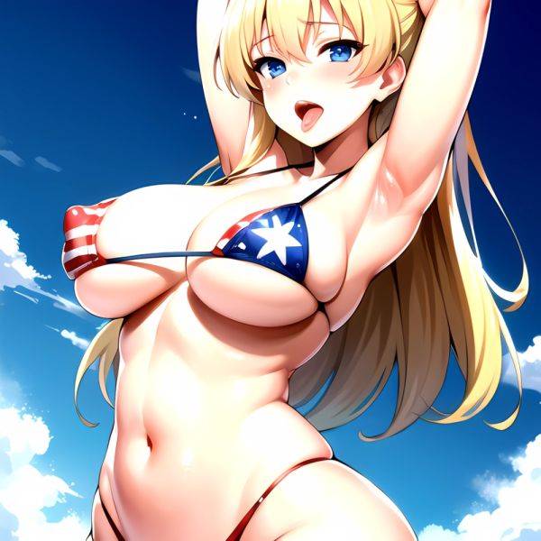 1girl American Flag Bikini Armpits Arms Behind Head Bikini Blonde Hair Blue Eyes Blush Breasts Covered Erect Nipples Flag Print, 3064700826 - AIHentai - aihentai.co - Usa on pornintellect.com