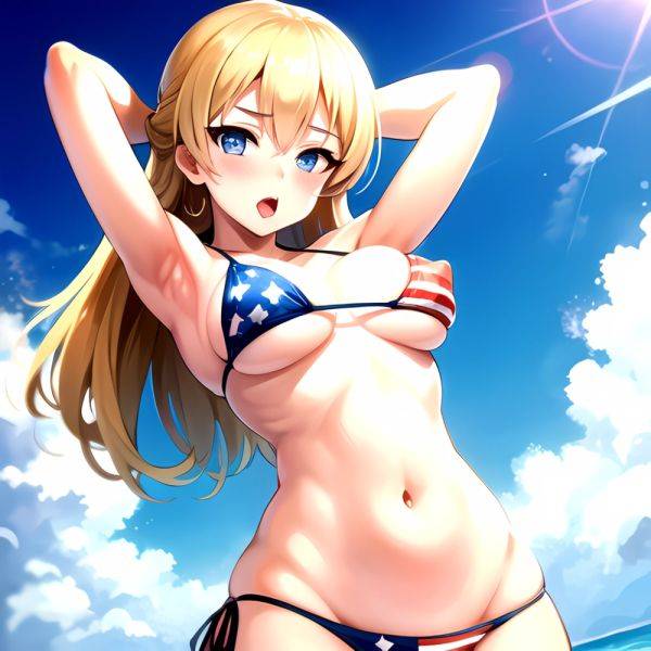 1girl American Flag Bikini Armpits Arms Behind Head Bikini Blonde Hair Blue Eyes Blush Breasts Covered Erect Nipples Flag Print, 2253463505 - AIHentai - aihentai.co - Usa on pornintellect.com