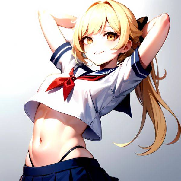 1girl Arms Up Arms Behind Head Blonde Hair Blue Skirt Bow Crop Top Crop Top Overhang Genshin Impact Gradient Background, 2926828277 - AIHentai - aihentai.co on pornintellect.com