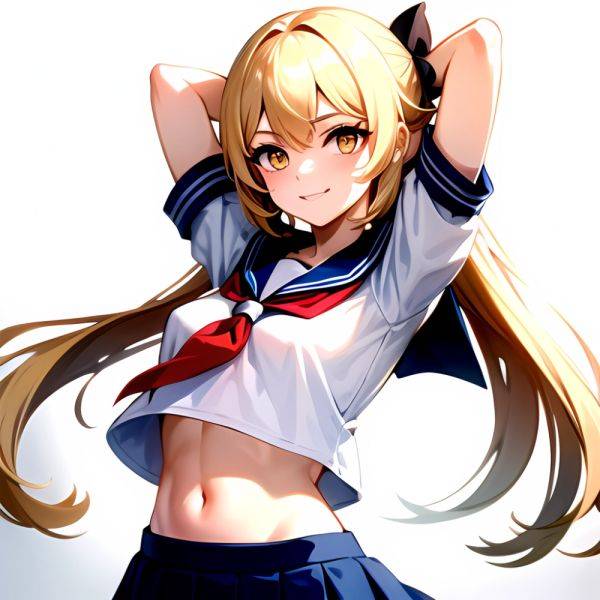 1girl Arms Up Arms Behind Head Blonde Hair Blue Skirt Bow Crop Top Crop Top Overhang Genshin Impact Gradient Background, 3769431827 - AIHentai - aihentai.co on pornintellect.com