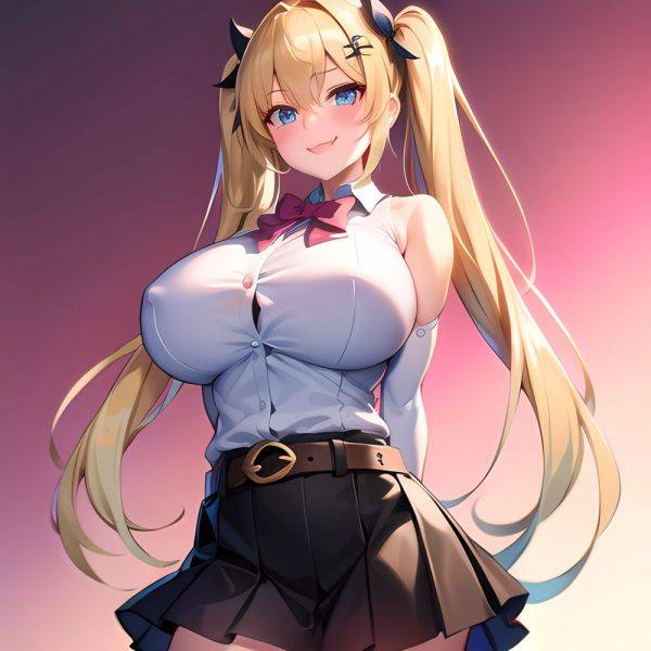 1girl Aymusk Belt Black Skirt Blonde Hair Blue Eyes Blush Bow Bowtie Breasts Curvy Elbow Gloves Fang Gloves Gradient Background, 832631581 - AIHentai - aihentai.co on pornintellect.com