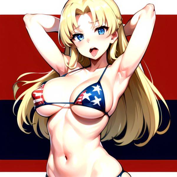 1girl American Flag Bikini Armpits Arms Behind Head Bikini Blonde Hair Blue Eyes Blush Breasts Covered Erect Nipples Flag Print, 85747608 - AIHentai - aihentai.co - Usa on pornintellect.com