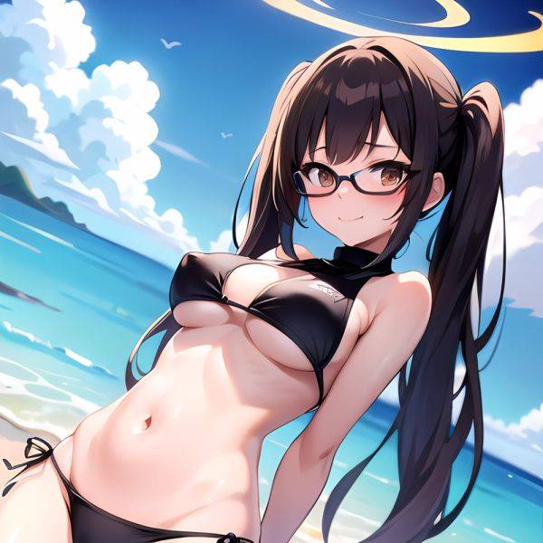 1girl Bikini Black Bikini Blue Archive Blue Sky Breasts Brown Eyes Brown Hair Closed Mouth Clothes Lift Cloud Covered Nipples, 3275915347 - AIHentai - aihentai.co on pornintellect.com