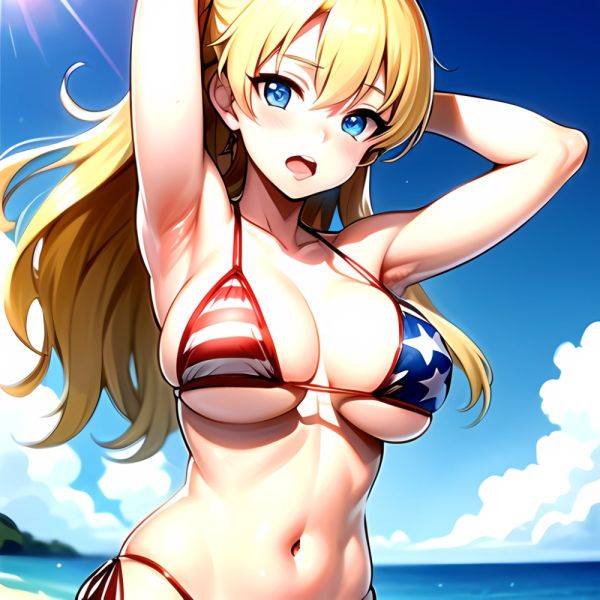 1girl American Flag Bikini Armpits Arms Behind Head Bikini Blonde Hair Blue Eyes Blush Breasts Covered Erect Nipples Flag Print, 3764598388 - AIHentai - aihentai.co - Usa on pornintellect.com