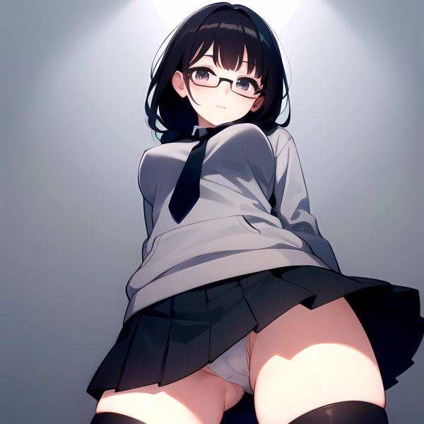 1girl Black Hair Black Necktie Black Thighhighs Breasts Cameltoe From Below Glasses Grey Eyes Grey Hoodie Highres Hood Hoodie Me, 1151407571 - AIHentai - aihentai.co on pornintellect.com