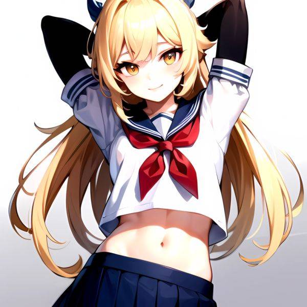 1girl Arms Up Arms Behind Head Blonde Hair Blue Skirt Bow Crop Top Crop Top Overhang Genshin Impact Gradient Background, 4232007329 - AIHentai - aihentai.co on pornintellect.com