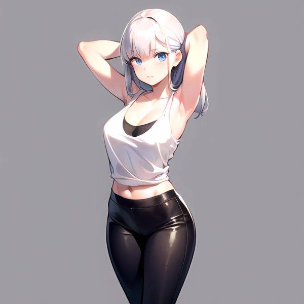 1girl Solo Tank Top Leggings Blue Eyes Standing Fully Clothed Pov Simple Background Arms Behind Head, 419021701 - AIHentai - aihentai.co on pornintellect.com