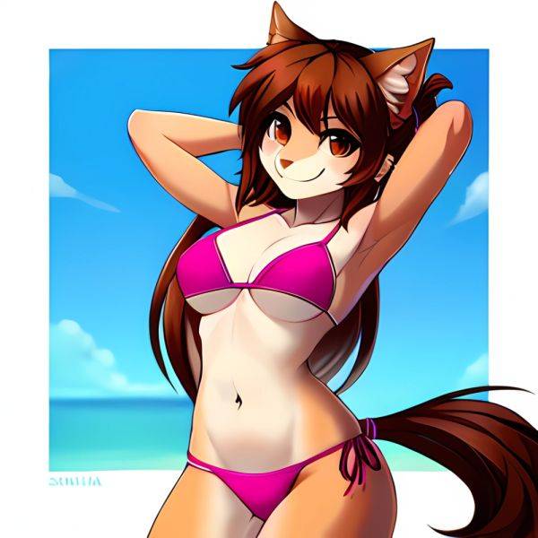 1girl Armpits Arms Behind Head Bikini Brown Eyes Brown Hair Cowboy Shot Dot Nose Flat Chest From Side Hair Ornament, 1782904575 - AIHentai - aihentai.co on pornintellect.com