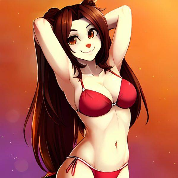 1girl Armpits Arms Behind Head Bikini Brown Eyes Brown Hair Cowboy Shot Dot Nose Flat Chest From Side Hair Ornament, 1642082075 - AIHentai - aihentai.co on pornintellect.com