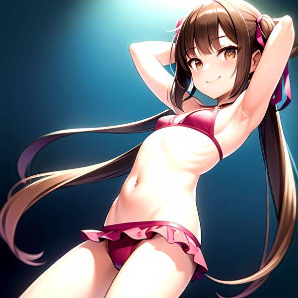 1girl Armpits Arms Behind Head Bikini Brown Eyes Brown Hair Cowboy Shot Dot Nose Flat Chest From Side Hair Ornament, 3243073701 - AIHentai - aihentai.co on pornintellect.com