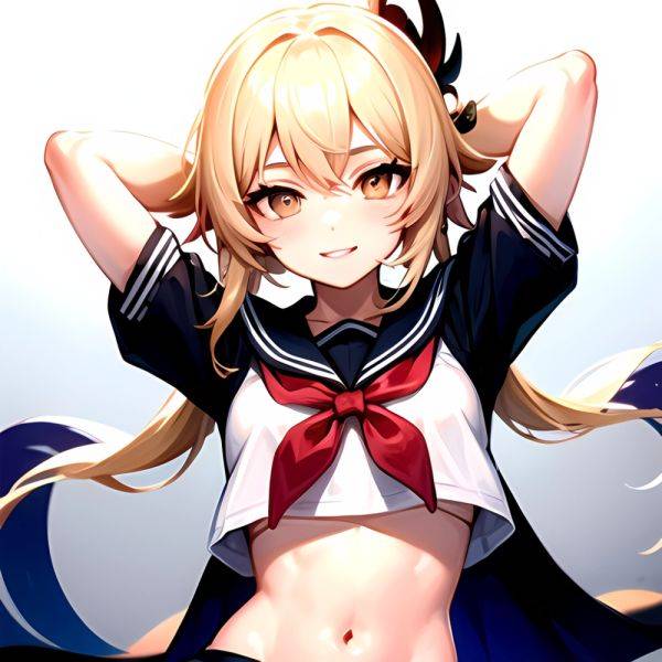 1girl Arms Up Arms Behind Head Blonde Hair Blue Skirt Bow Crop Top Crop Top Overhang Genshin Impact Gradient Background, 1700896529 - AIHentai - aihentai.co on pornintellect.com