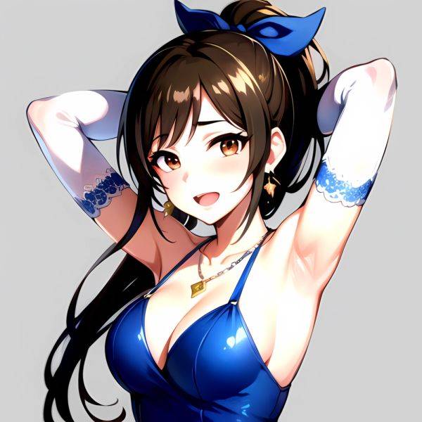 1girl Absurdres Armpits Arms Up Ayase Honoka Black Gloves Blue Bow Blue Dress Blush Bow Breasts Brown Eyes Brown Hair, 548014414 - AIHentai - aihentai.co on pornintellect.com