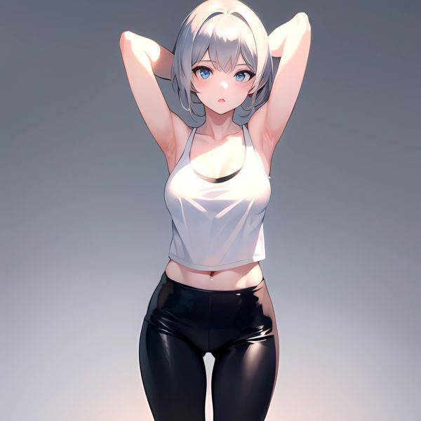 1girl Solo Tank Top Leggings Blue Eyes Standing Fully Clothed Pov Simple Background Arms Behind Head, 203810510 - AIHentai - aihentai.co on pornintellect.com