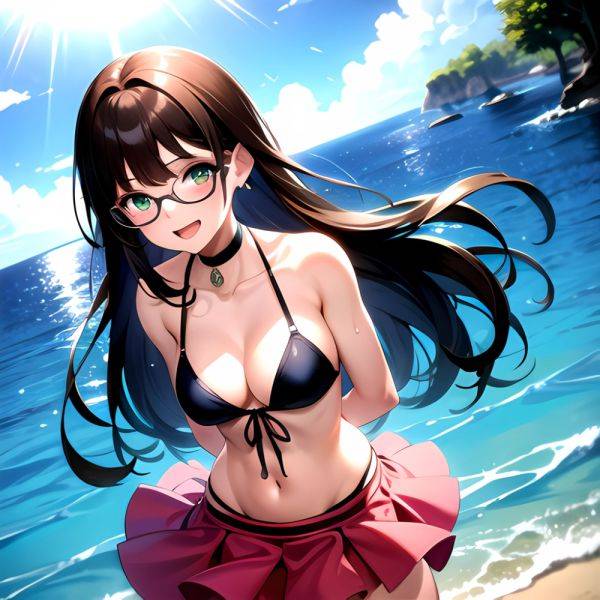 1girl D Bikini Bikini Bottom Aside Bikini Skirt Black Choker Blush Breasts Brown Hair Choker Cleavage Clothing Aside Front Tie, 1650579398 - AIHentai - aihentai.co on pornintellect.com