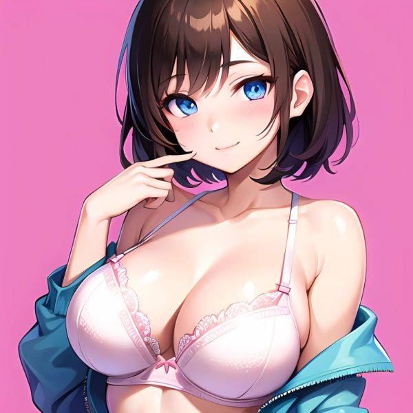 1girl Ai Generated Blue Eyes Blush Breasts Brown Hair Highres Large Breasts Light Smile Looking At Viewer Pink Background Short, 4035720051 - AIHentai - aihentai.co on pornintellect.com