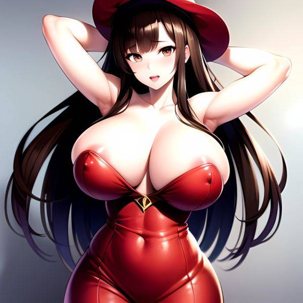 1girl Absurdres Bare Shoulders Black Headwear Breasts Breasts Out Brown Eyes Brown Hair Cleavage Dragon 039 S Crown Dress Highre, 3276925316 - AIHentai - aihentai.co on pornintellect.com