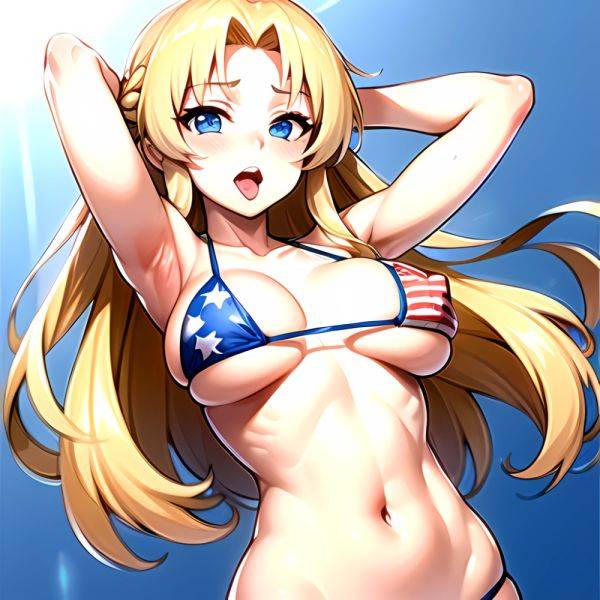 1girl American Flag Bikini Armpits Arms Behind Head Bikini Blonde Hair Blue Eyes Blush Breasts Covered Erect Nipples Flag Print, 2752677430 - AIHentai - aihentai.co - Usa on pornintellect.com