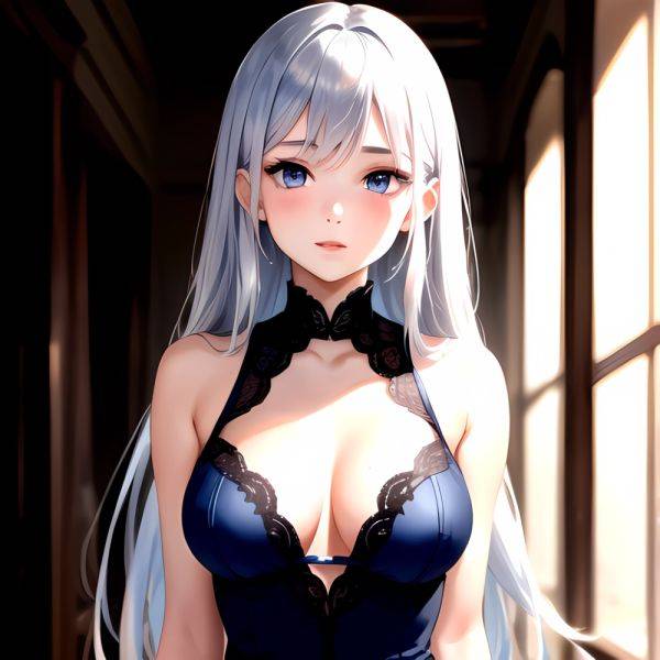 1girl Sexy Blue Eyes Silver Hair Arms Behind Back Facing The Camera Looking At The Camera, 1243903787 - AIHentai - aihentai.co on pornintellect.com