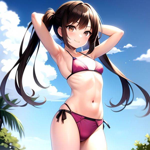 1girl Armpits Arms Behind Head Bikini Brown Eyes Brown Hair Cowboy Shot Dot Nose Flat Chest From Side Hair Ornament, 787666877 - AIHentai - aihentai.co on pornintellect.com