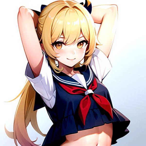 1girl Arms Up Arms Behind Head Blonde Hair Blue Skirt Bow Crop Top Crop Top Overhang Genshin Impact Gradient Background, 4094162759 - AIHentai - aihentai.co on pornintellect.com