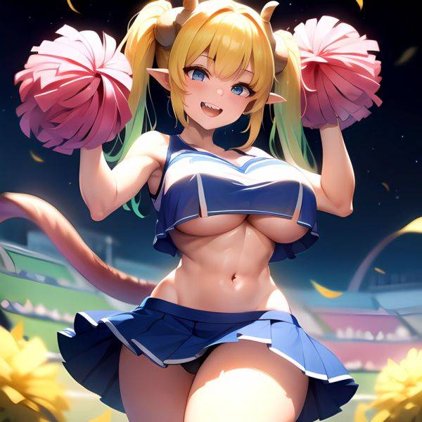 1girl Absurdres Blue Skirt Bluefrok Breasts Cheerleader Dragon Girl Dragon Horns Highres Holding Holding Pom Poms Horns Huge Bre, 1017286963 - AIHentai - aihentai.co on pornintellect.com