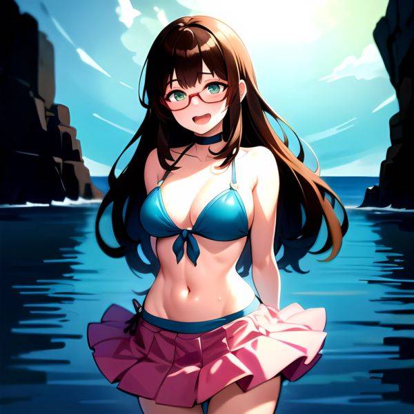 1girl D Bikini Bikini Bottom Aside Bikini Skirt Black Choker Blush Breasts Brown Hair Choker Cleavage Clothing Aside Front Tie, 3811102600 - AIHentai - aihentai.co on pornintellect.com