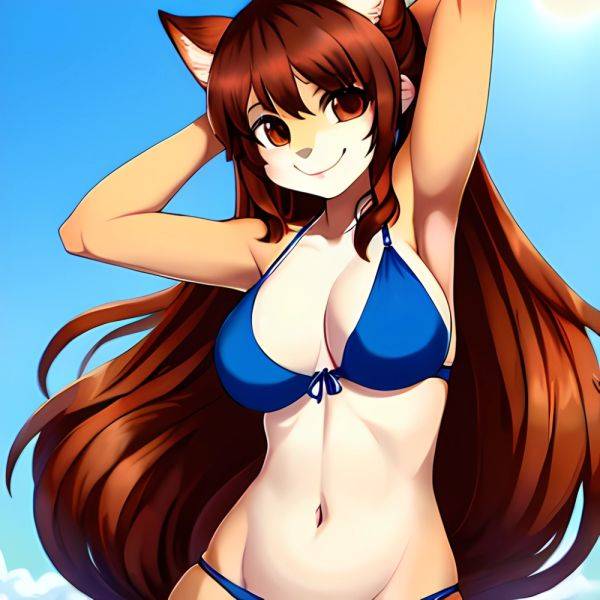 1girl Armpits Arms Behind Head Bikini Brown Eyes Brown Hair Cowboy Shot Dot Nose Flat Chest From Side Hair Ornament, 2958716507 - AIHentai - aihentai.co on pornintellect.com