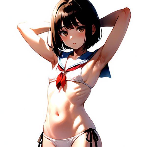 1girl Arms Up Arms Behind Head Bikini Bob Cut Brown Eyes Brown Hair Cosplay Cowboy Shot Flat Chest Headgear Inverted, 311387413 - AIHentai - aihentai.co on pornintellect.com