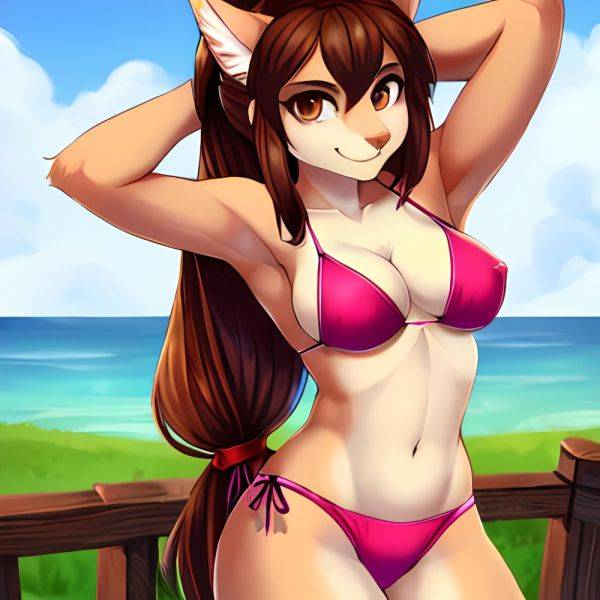 1girl Armpits Arms Behind Head Bikini Brown Eyes Brown Hair Cowboy Shot Dot Nose Flat Chest From Side Hair Ornament, 3942943563 - AIHentai - aihentai.co on pornintellect.com